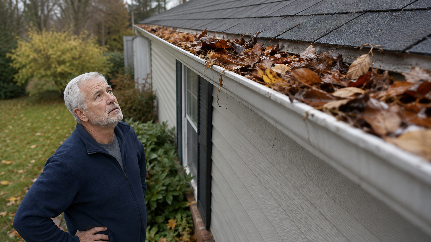 Senior man inspecting clogged gutters filled with autumn leaves