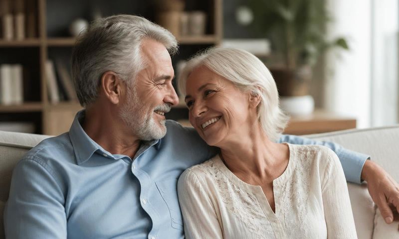 Loving senior couple sitting close together indoors, looking at each other affectionately