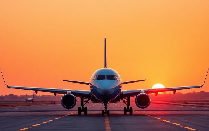 Passenger airplane on the runway at sunset