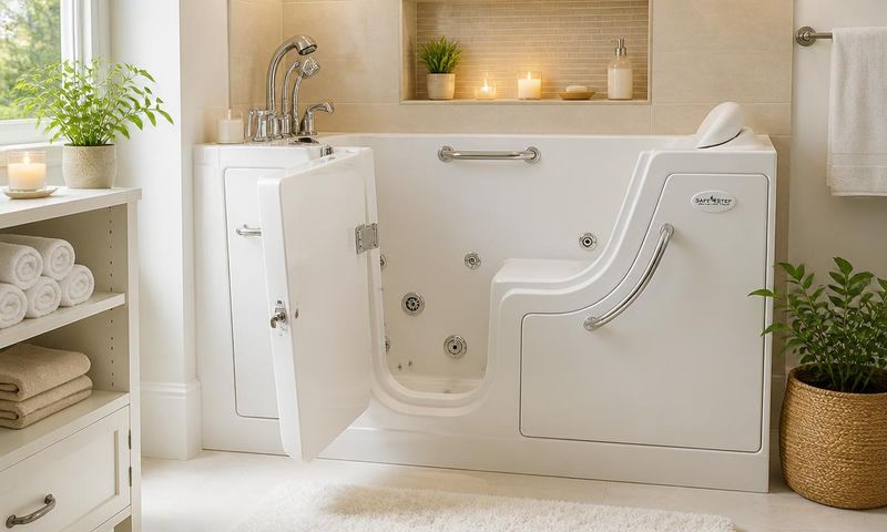 Modern walk-in bathtub with safety grab bars and hydrotherapy jets